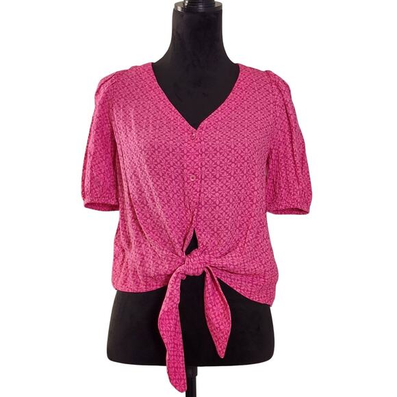 ANN TAYLOR NWT Stamped Puff Sleeve Tie Front Blouse, Size Small Petite - Picture 1 of 13